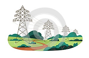 Electric power lines with overhead high voltage cables and transmission towers. Electricity energy distribution