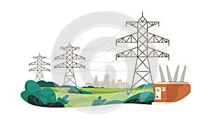 Electric power lines transmitting electricity to city. High voltage transmission cables, suspended wires, towers