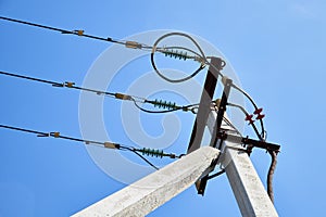 Electric power lines and wires with blue sky. Support of power lines in a nice day