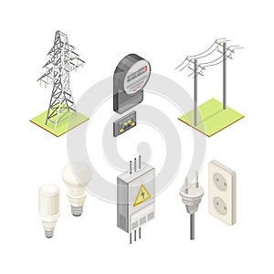 Electric Power Objects with Switchboard Cabinet, Plug and Socket, Lightbulb, Utility Pole and Electricity Meter