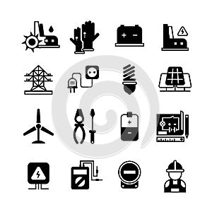 Electric power plant, electricity, electronic tools vector icons