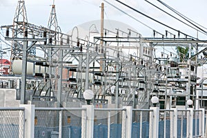 Electric Power-plant transformer station area.