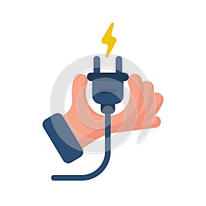 Electric power plug holding in hand. Unplug, plugged. Vector.