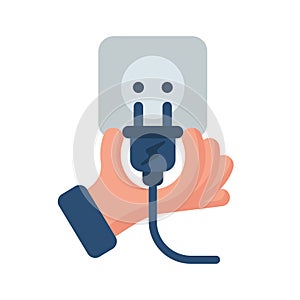 Electric power plug holding in hand. Unplug, and plugged in the wall socket.