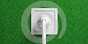 Electric power plug and socket isolated on green grass background. 3d illustration