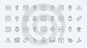 Electric power socket types thin line icons set, outlets of different country collection