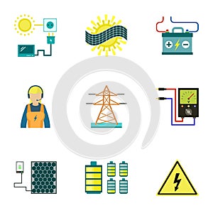 Electric power station icon set, flat style