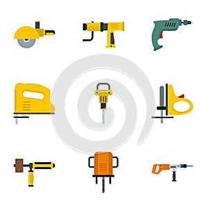 Electric power tool icon set, flat style