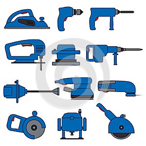 Electric power tools. Set of vector icons and illustration. Construction, repair and building. Drill, screwdriver, planer.