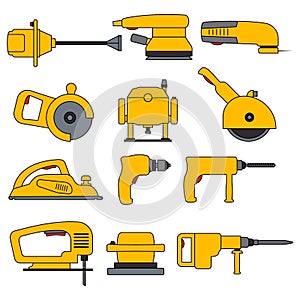 Electric power tools. Set of vector icons and illustration. Construction, repair and building. Drill, screwdriver, planer.