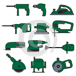 Electric power tools. Set of vector icons and illustration. Construction, repair and building. Drill, screwdriver, planer.