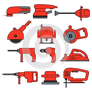 Electric power tools. Set of vector icons and illustration. Construction, repair and building.