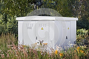 Electric power transformer in a meadow