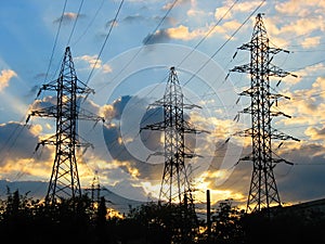 Electric Power Transmission Lines at Sunset