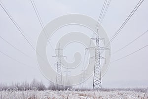 Electric power transmission lines in the winter.