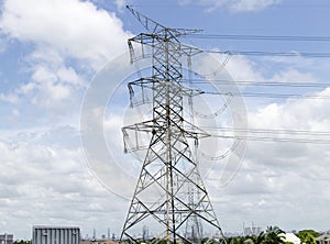 Electric power transmission or power grid pylon wires, transmission tower in Thailand