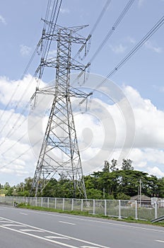 Electric power transmission or power grid pylon wires, transmission tower in Thailand