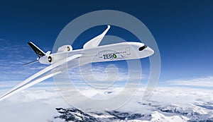 electric powered commercial Aeroplane flying in the sky - future electro energy aviation concept