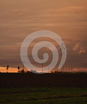 Electric powerline above evening fields