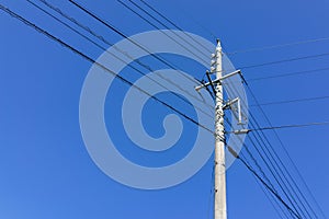 Electric powerline with pole and wire with clear blue sky background