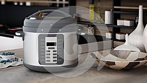 Electric pressure cooker in the kitchen. 3D illustration