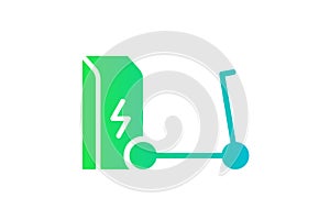 Electric push scooter charging in charger station icon. Electrical kick e-scooter energy charge green gradient symbol