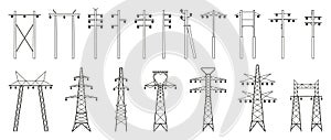 Electric pylons set. Electric tower construction and maintenance, powerline connection and electricity network