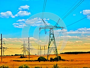 electric pylons, yellow field, beautiful multi-colored sky, electric highway.