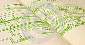 Electric radio scheme printed on old vintage paper documents of electricity diagram as background for education, electricity