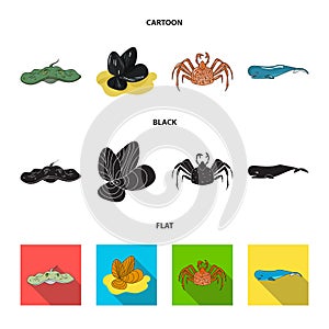 Electric ramp, mussels, crab, sperm whale.Sea animals set collection icons in cartoon,black,flat style vector symbol