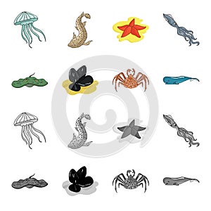 Electric ramp, mussels, crab, sperm whale.Sea animals set collection icons in cartoon,monochrome style vector symbol