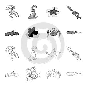 Electric ramp, mussels, crab, sperm whale.Sea animals set collection icons in outline,monochrome style vector symbol