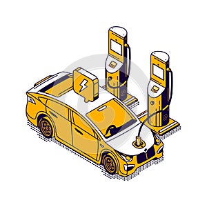 Electric refueling car isometric icon, green fuel