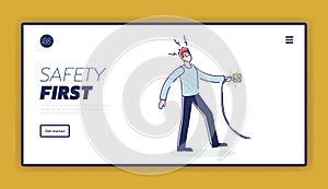 Electric safety landing page template with man getting electric shock from cord