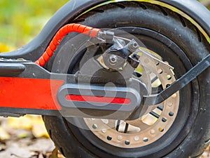 Electric scooter braking system, close up picture.