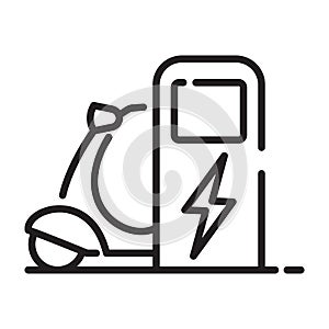 Electric Scooter and Charge station outline icon. Line Motorbike and Charge Station Vector illustration