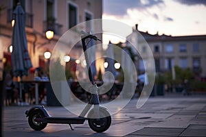 electric scooter in front of a city caf terrace at dusk