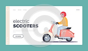 Electric Scooter Landing Page Template. Male Character Motorcyclist Rider, Dweller or Courier Riding Bike Transport