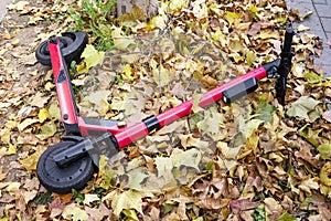 Electric scooter left on the ground. Red escooter on the autumn leaves photo