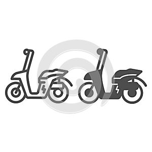 Electric scooter line and solid icon, electric transport concept, motorbike vector sign on white background, outline