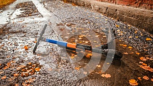 Electric scooter lying on the asphalt in a puddle with yellow autumn leaves photo