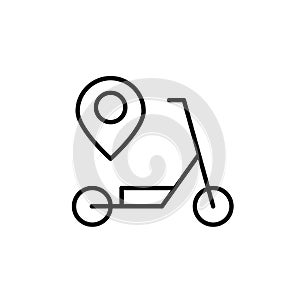 Electric scooter and map pointer. Rental point location. Modern urban transportation using mobile apps. Editable icon