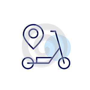 Electric scooter and map pointer. Rental point location. Modern urban transportation using mobile apps. Vector icon