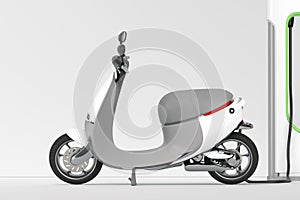 Electric scooter moped with electric charger . eco alternative transport concept. 3d rendering.
