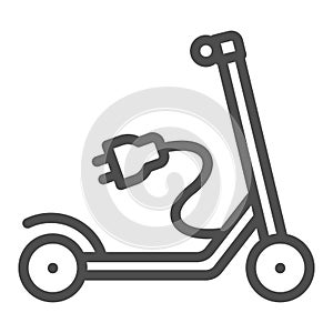 Electric scooter with recharging plug line icon, electric transport concept, charger vector sign on white background