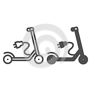 Electric scooter with recharging plug line and solid icon, electric transport concept, charger vector sign on white