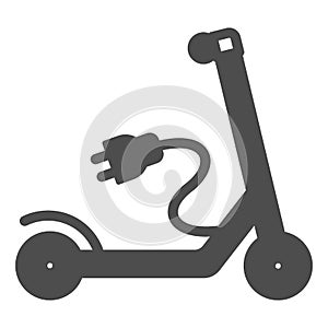 Electric scooter with recharging plug solid icon, electric transport concept, charger vector sign on white background