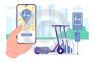 Electric scooter rental mobile app. Transport sharing. Parking station. Smartphone application with map navigation