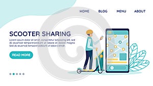 Electric scooter rental website landing page, vector template concept. Man in helmet unlocks the e-scooter with app near charging