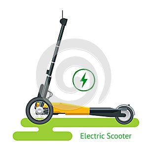 Electric Scooter on the road. Electric scooter transportation you can rent for a quick ride. Eco city transport.